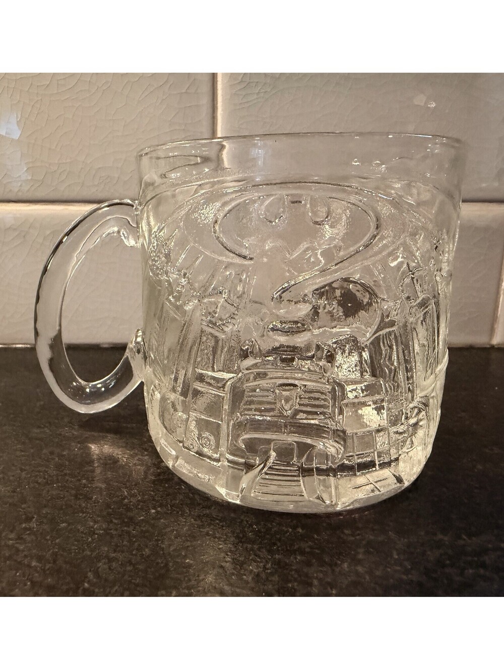 McDonalds 1995 Batman Forever The Riddler Collector 8oz Glass Mug Cup Etched 3-D